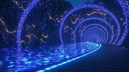 futuristic neon tunnel road with glowing lights and water reflection