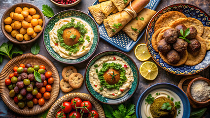 Traditional Middle Eastern Iftar meal during Ramadan featuring Arabic cuisine dishes such as hummus, falafel, kebabs