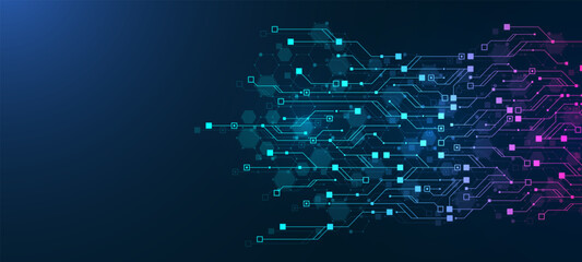 Fototapete - Digital technology abstract background with AI circuit board texture. Technology connected blue lines with electronics elements on tech BG. Semiconductor hardware. Cyber engineering.
