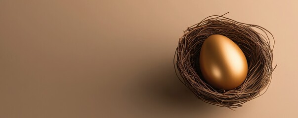 A stunning golden egg nestled in a cozy nest, symbolizing prosperity and new beginnings, against a soft brown backdrop.