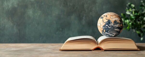 An open book with a globe and plant, symbolizing knowledge and exploration in a tranquil study environment.