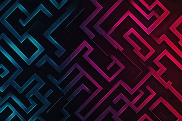 A vector graphic featuring an intricate maze pattern in vibrant neon shades of blue and dark blue on a black background. The angled design adds depth, creating a visually striking abstract composition