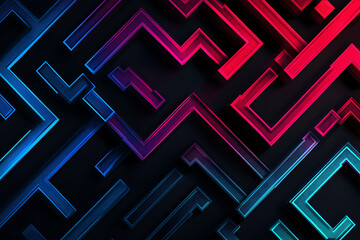 A vector graphic featuring an intricate maze pattern in vibrant neon shades of blue and dark blue on a black background. The angled design adds depth, creating a visually striking abstract composition