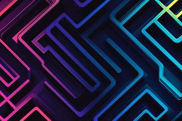 A vector graphic featuring an intricate maze pattern in vibrant neon shades of blue and dark blue on a black background. The angled design adds depth, creating a visually striking abstract composition