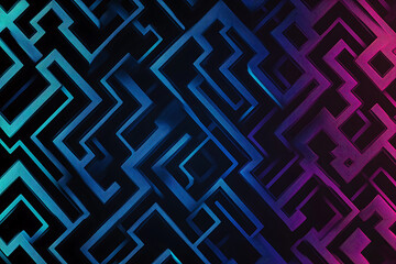 A vector graphic featuring an intricate maze pattern in vibrant neon shades of blue and dark blue on a black background. The angled design adds depth, creating a visually striking abstract composition