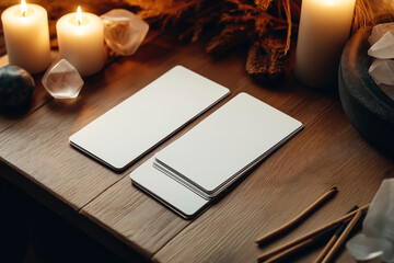 Sticker - A serene setup with blank rectangular white cards for mockup display on a wooden table, surrounded by candles, crystals, and dried plants, evoking a peaceful and meditative ambiance.