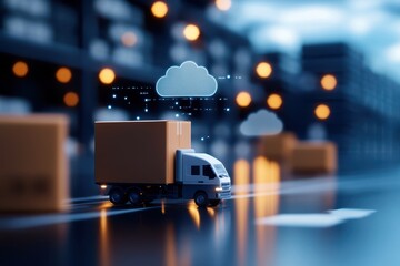 A miniature truck transporting a package, representing logistics and cloud technology in a modern warehouse environment.