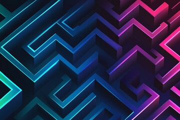 A vector graphic featuring an intricate maze pattern in vibrant neon shades of blue and dark blue on a black background. The angled design adds depth, creating a visually striking abstract composition