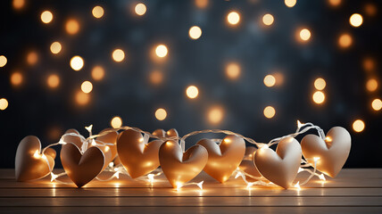 decorated wall Christmas glowing festive winter background, small gold and lights garlands on the background