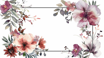 Wall Mural - rectangular thin frame with floral ornament, white background copy space, red dark flowers