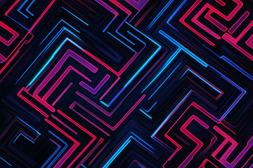 A vector graphic featuring an intricate maze pattern in vibrant neon shades of blue and dark blue on a black background. The angled design adds depth, creating a visually striking abstract composition