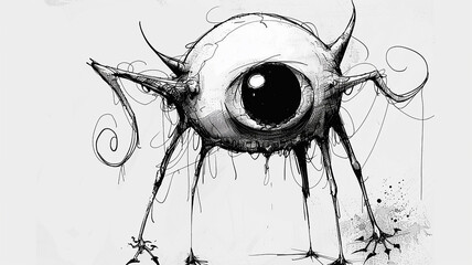 black and white drawing of a monster with a large eye isolated on a white background