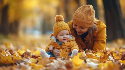 Canvas Print - A woman holding a baby in a pile of leaves