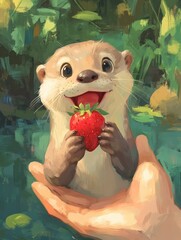 Canvas Print - A painting of an otter holding a strawberry