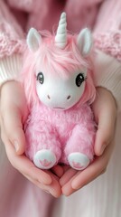 Poster - A person holding a stuffed unicorn in their hands