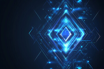 A digital vector illustration featuring abstract triangles and rhombuses in blue and neon tones. The geometric tech design has a modern feel with digital lines on a dark blue background, leaving space