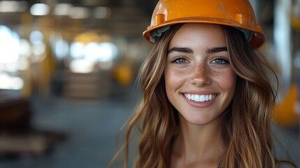 A young woman with long brown hair and freckles smiles at the camera, wearing a hardhat and looking confident in a large industrial setting.