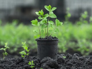 A small plant sprouts from a pot, symbolizing growth and renewal, surrounded by fertile soil and lush green vegetation.