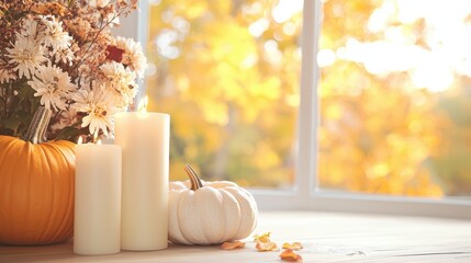 Poster - Autumn Still Life with Pumpkins  Candles  and Flowers