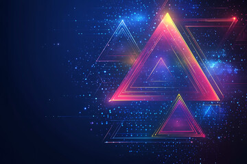 Wall Mural - A digital vector illustration featuring abstract triangles and rhombuses in blue and neon tones. The geometric tech design has a modern feel with digital lines on a dark blue background, leaving space