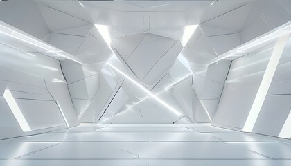 Futuristic geometric 3D structure with minimal design, featuring a white tech background, abstract light forms, and sleek geometric shapes in a modern high-tech concept