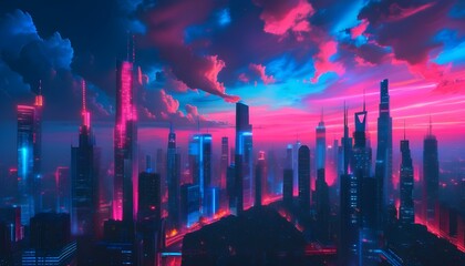 Wall Mural - Vibrant Cyberpunk Cityscape at Dusk with Neon Pink and Blue Skyscrapers Rising Above Clouds and Futuristic Illumination