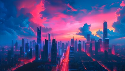 Wall Mural - Vibrant Cyberpunk Cityscape at Dusk with Neon Pink and Blue Skyscrapers Rising Above Clouds and Futuristic Illumination