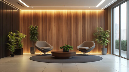 Wall Mural - A modern office waiting room with warm wooden walls, tiled floors, two comfy armchairs, and a round coffee table.