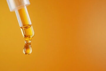 An orange gradient background with a dropper dropping golden liquid. The oil or serum drop hanging from the pipette's tip is the main focal point.