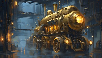 Wall Mural - Futuristic Steampunk Engineer Amidst Golden Machinery and Steam in a Nighttime Factory Environment