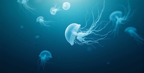 Jellyfish gracefully swims in the depths of the ocean. Captures the calm and mesmerizing movement of sea life, perfect for aquatic themed designs