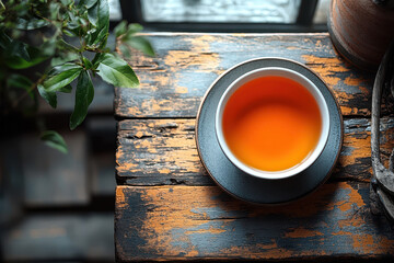 Canvas Print - A cup with tea on a table, top view.