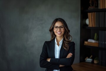 Poster - Professional Hispanic smiling toothy Latino Indian successful confident Arabian businesswoman corporate glasses office.