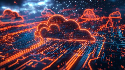 Wall Mural - Illuminated Cloud Computing Architecture in 3D Rendering