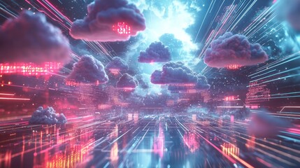 Wall Mural - Futuristic Cloud Computing Systems - 3D Rendering of Radiant Data Trails and Floating Clouds