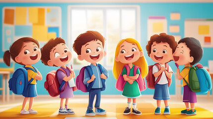 Wall Mural - A group of happy school children with backpacks, smiling and interacting with each other, in a bright and colorful classroom