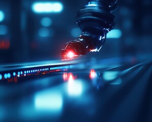 Close-up view of a robotic arm with a laser, highlighting technology and precision in a futuristic setting.