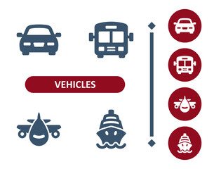 Wall Mural - Vehicles icons. Vehicle, public transport, transportation, car, bus, plane, airplane, cruise ship icon