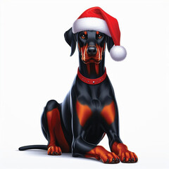 Wall Mural - Cute Christmas Santa Hat Doberman Pinscher Dogs Vector Cartoon illustration white background