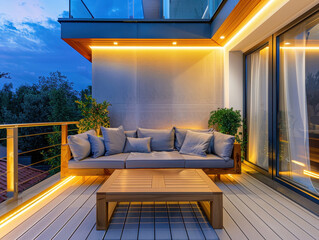 Poster - Modern balcony sitting area decorated with lighting and white wall at night for banner