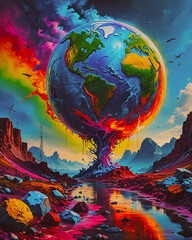 colorful planet on the background of the mountains and the river.