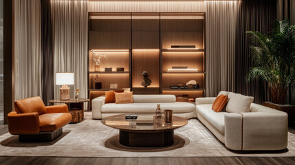 A sleek and modern living room with stylish lights and a comfy sofa, perfect for a chic and relaxing feel.