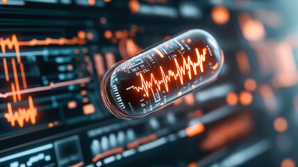 Wall Mural - Futuristic pill with heartbeat graph and medical data displayed on screens, symbolizing advanced healthcare, digital medicine, and bioengineering.