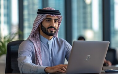 A man wearing a kaffiyeh and a beard is sitting at a desk with a laptop