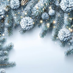 Wall Mural - Winter Wonderland, Christmas Border With Snowy Pine Branches And Twinkling Lights, Blue Background