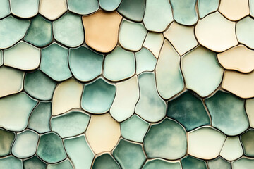 Canvas Print - Abstract image featuring a seamless pattern of irregular, mosaic-like, organically shaped tiles in shades of green, blue, beige, and brown. The tiles have a textured surface.