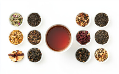 Canvas Print - Tea, Black Tea and Red shirts, in different types of tea leaves with various ingredients on white background, flat lay, top view.