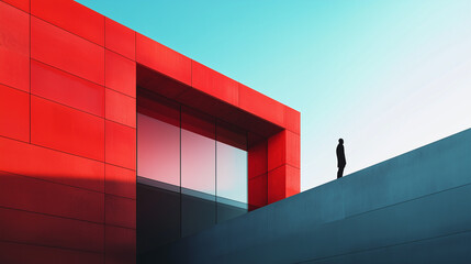 Minimalist photography of an anonymous character on a majestic minimalist architecture background, minimalism, photorealistic, red and blue
