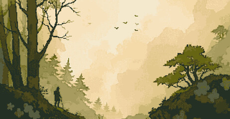 A green peaceful scene with birds and person looking into nature, Pixel art