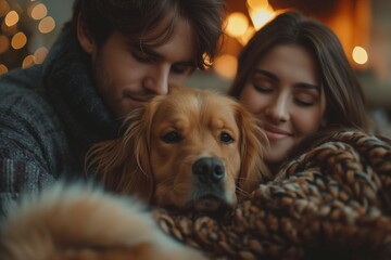 A couple and their golden retriever cuddle under a blanket by a fireplace, sharing a warm and cozy moment at home.